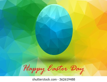 Colorful Easter egg with bright blue on abstract geometric background with triangle polygons.