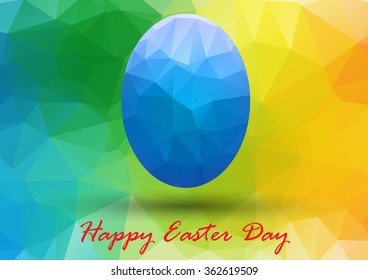 Colorful Easter egg with bright sea blue on abstract geometric background with triangle polygons.