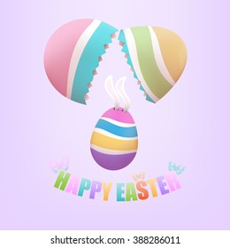 Colorful Easter egg with bunny's ears falling from broken egg, with butterflies on pastel background