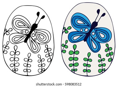 Colorful Easter egg with butterfly on the white background. Easter vector for typography, coloring book, invitation, posters, texture backgrounds, placards, banners.