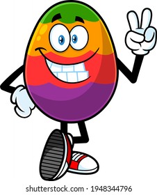 Colorful Easter Egg Cartoon Character Showing Victory Hand Sign. Vector Illustration Isolated On White Background
