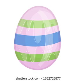 Huevo colorido de Pascua al estilo caricaturista aislado en fondo blanco. Huevo rosa con rayas para ilustraciones de vacaciones.