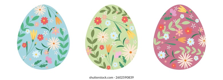 Colorful Easter Egg Collection with Bunnies, Flowers, and Patterns. Flat Illustration Set