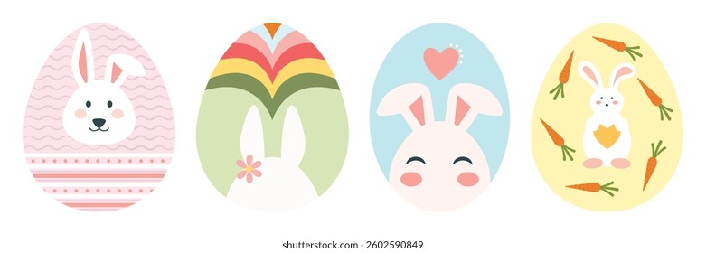 Colorful Easter Egg Collection with Bunnies, Flowers, and Patterns. Flat Illustration Set
