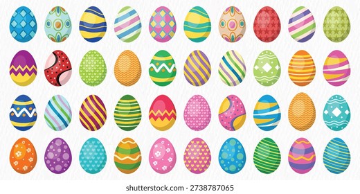 Colorful Easter Egg Collection Set with Decorative Patterns, Flat Vector Illustration Isolated on White Background