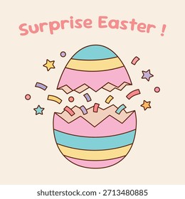 Colorido huevo de Pascua agrietándose abierto con confeti y estrellas estallando Vector Clipart. Vector de huevo de Pascua. Huevo de Pascua colorido aislado en el Vector del fondo blanco.