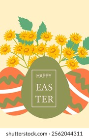 Colorful easter egg and dandelion arrangement with festive greeting. Easter abstract modern geometry card.