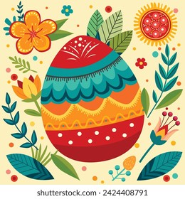 Colorful easter egg with floral ornament and flowers. easter egg scandinavian style with floral elements vector illustration