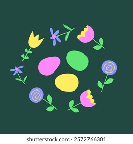 Colorful easter egg and flower pattern for holiday design and decoration.