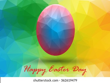 Colorful Easter egg with glowing blue on abstract geometric background with triangle polygons.