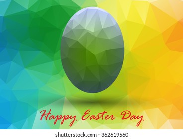 Colorful Easter egg with glowing green on abstract geometric background with triangle polygons.