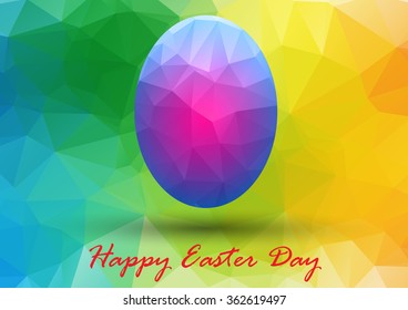 Colorful Easter egg with glowing pink on abstract geometric background with triangle polygons.