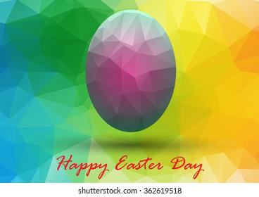Colorful Easter egg with glowing pink on abstract geometric background with triangle polygons.