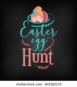 Colorful Easter Egg Hunt Greeting Card Design Element in Vintage Style on Chalkboard