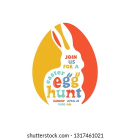 Colorful Easter Egg Hunt lettering with bunny silhouette and egg for card, invitation, poster, banner template. Vector illustration.