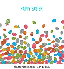 Colorful easter egg isolated on white background. Vector illustration for bright seasonal design. Many color food. Abstract holiday frame and down border. Greeting ostern decoration. April paint style