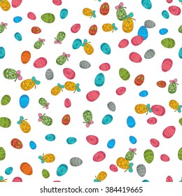 Colorful easter egg isolated on white background. Vector illustration for bright seasonal design. Many color food. Abstract holiday seamless pattern. Greeting ostern decoration. April paint style.