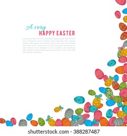 Colorful easter egg isolated on white background. Vector illustration for bright seasonal design. Many color food. Abstract holiday frame and down border. Greeting ostern decoration. April paint style