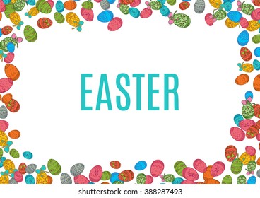 Colorful easter egg isolated on white background. Vector illustration for bright seasonal design. Many color food. Abstract holiday horizontal frame border. Greeting ostern decoration. April paint