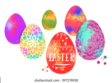 Colorful Easter egg with Mandala pattern on Watercolor Background. Abstract egg. Ideal for Greeting Happy Easter Card or Decorative Design Element. 