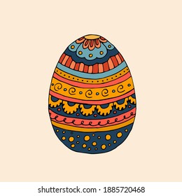 Colorful easter egg painted with patterns. Vector hand-drawn doodle illustration.