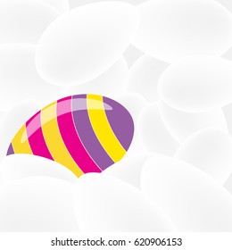 A colorful Easter egg rests among plain white eggs.