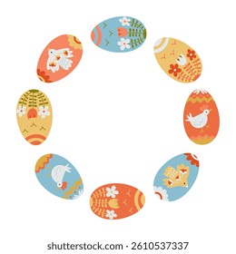 Colorful Easter eggs arranged in a circular wreath with floral and bird folk motifs on a white background. Concept of spring celebration, festive decor and traditional seasonal art
