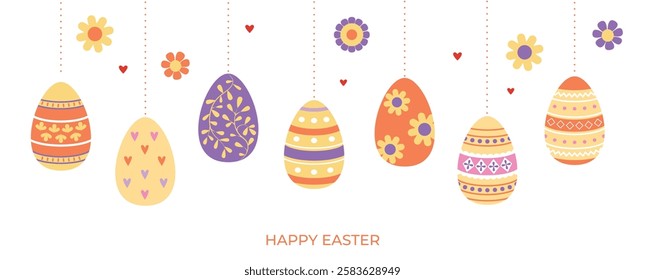 Colorful Easter eggs banner. Hanging decorative eggs. Egg's hunt. Doodles, icons. Festive egg's ornament. Spring holidays. Background, poster, flyer template with typography. Retro vintage. Vector.