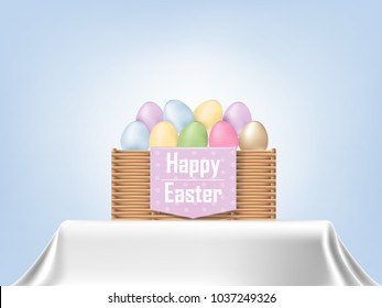 colorful Easter eggs in a basket on tablecloth, graphic design concept of Happy Easter Day