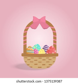 Colorful Easter eggs in the basket on pink background, Vector illustration