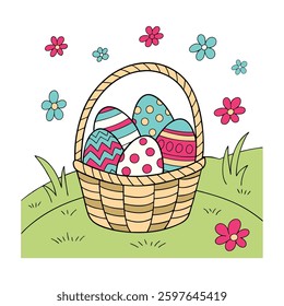 Colorful Easter Eggs in a Basket, Perfect for Coloring Books