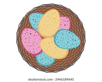 Colorful easter eggs in basket, vector illustration