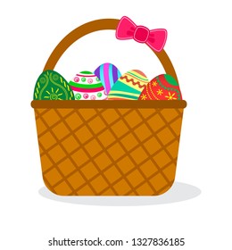 Colorful easter eggs in basket witn pink bow, isolated on white background. Vector illustration