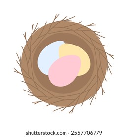 Colorful Easter eggs in birds nest made twigs trendy soft shades. Greeting flyer design element idea