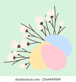 Colorful Easter Eggs and blooming twigs Festive composition in trendy spring shades Easter greeting