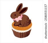 Colorful Easter eggs, bunnies and a festive cake isolated on a white background. Ideal for concepts related to Easter celebrations, holiday treats, spring and holiday cooking.
