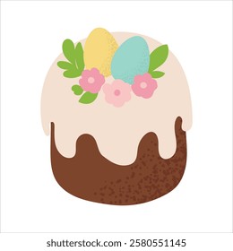 Colorful Easter eggs, bunnies and a festive cake isolated on a white background. Ideal for concepts related to Easter celebrations, holiday treats, spring and holiday cooking.