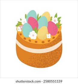 Colorful Easter eggs, bunnies and a festive cake isolated on a white background. Ideal for concepts related to Easter celebrations, holiday treats, spring and holiday cooking.