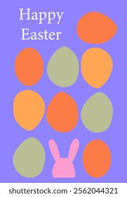 Colorful easter eggs and bunny design on purple background. Easter card modern design