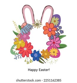 
Colorful Easter eggs, bunny ear and spring flowers circle frame border design