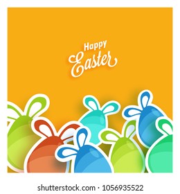 Colorful Easter Eggs with Bunny Ears on Yellow Background.