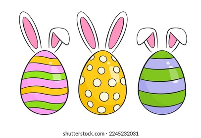 Colorful Easter eggs with bunny ears. Cartoon. Vector illustration. Isolated on white background