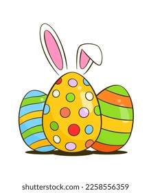 Colorful Easter eggs with bunny ears. Easter greeting card concept. Cartoon. Vector illustration. Isolated on white background
