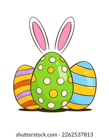 Huevos coloridos de Pascua con orejas de conejito. El concepto de la tarjeta de felicitación de Pascua. Caricatura. Ilustración vectorial. Aislado sobre fondo blanco