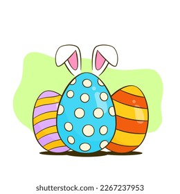 Colorful Easter eggs with bunny ears. Easter greeting card concept. Cartoon. Vector illustration. Isolated on white background