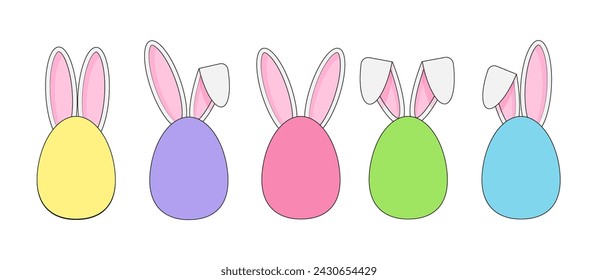 Colorful Easter eggs with bunny ears. Cute Easter sticker set. Vector  illustration in cartoon flat style isolated on a white background.	