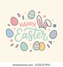 Huevos de Pascua coloridos y orejas de conejo con el texto feliz de la Pascua