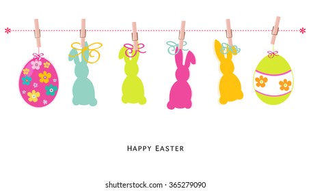 Colorful Easter Eggs and bunny. Happy Easter Greeting card vector background