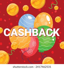 Colorful Easter eggs with CASHBACK text, golden coins, red background. Festive promotion concept with decorations. Reward, discount, savings, Easter sale vector illustration.