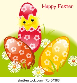 colorful Easter eggs and chicken. Happy Easter card